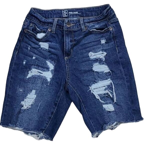 Junior's nobo Destroyed Mid-Rise Bermuda Distressed Denim Blue Jean Long Shorts - Picture 1 of 5